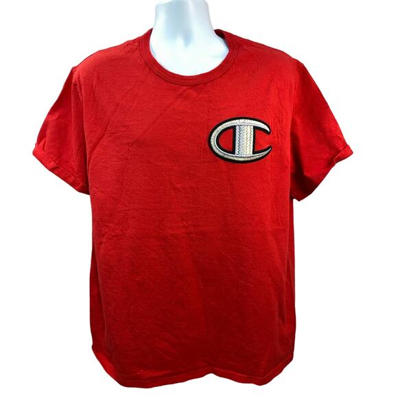 Champion Vintage 90s Mens Size XL Red Embroidery Patch Logo T Shirt - Picture 1 of 10